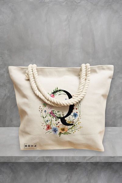 BEKZ Geanta de plaja, Cu litera Q in Coronita Florala, 40x51 cm, Crem, BEKZ®