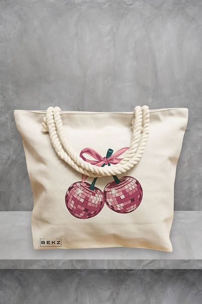 BEKZ Geanta de plaja, model Cherry blinks, 40x51 cm, Crem, BEKZ®