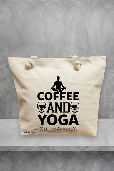 BEKZ Geanta de plaja Yoga Coffee and Yoga, 40x51 cm, Crem, BEKZ®