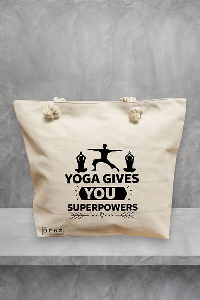 BEKZ Geanta de plaja Yoga gives you super powers, 40x51 cm, Crem, BEKZ®
