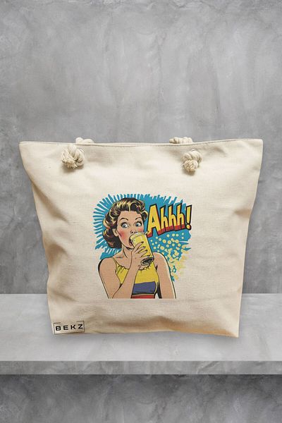 BEKZ Geanta de plaja, model Sip and Style 2, 40x51 cm, Crem, BEKZ®