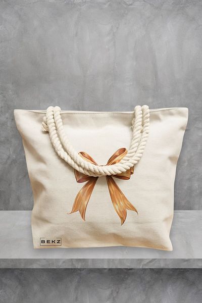 BEKZ Geanta de plaja, model Rosegold bow, 40x51 cm, Crem, BEKZ®