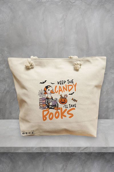 BEKZ Geanta de plaja, model Keep the candy I’ll take books, 40x51 cm, Crem, BEKZ®