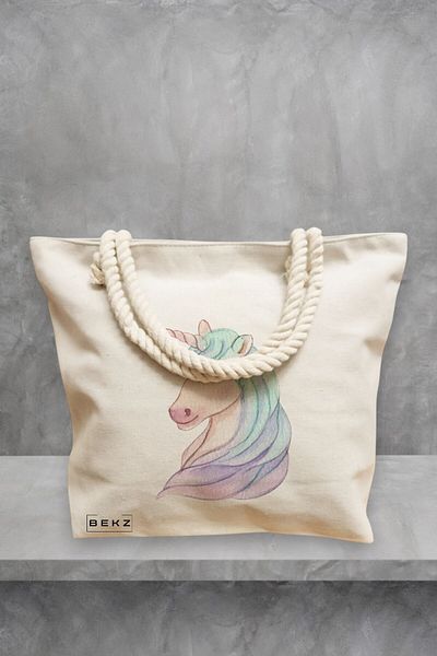 BEKZ Geanta de plaja, model Unicorn, 40x51 cm, Crem, BEKZ®