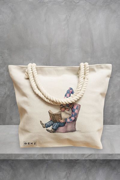 BEKZ Geanta de plaja, model The Bookish Gnome 14, 40x51 cm, Crem, BEKZ®