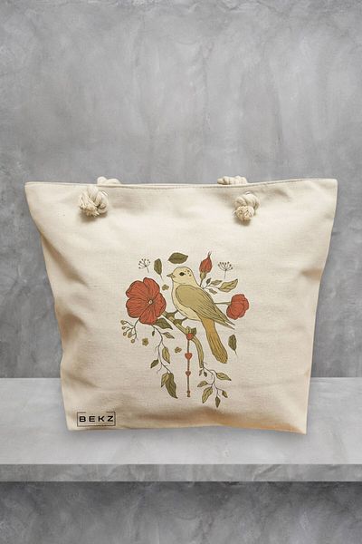 BEKZ Geanta de plaja, model Cantec Floral, 40x51 cm, Crem, BEKZ®