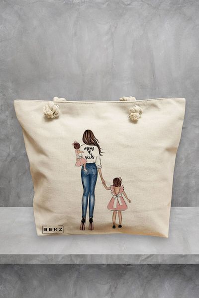 BEKZ Geanta de plaja, model Mom of Girls, 40x51 cm, Crem, BEKZ®