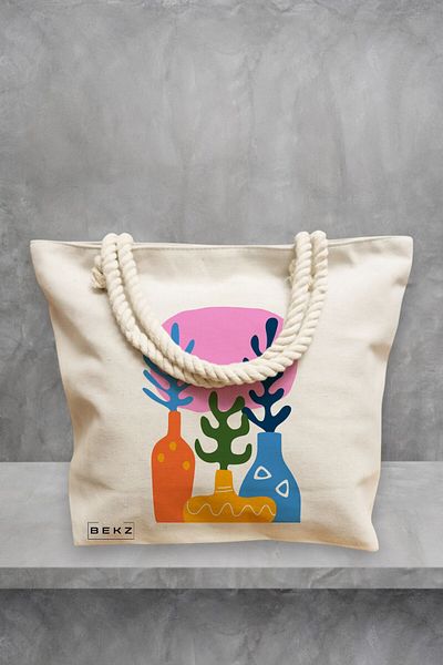 BEKZ Geanta de plaja, model Gradina Abstracta, 40x51 cm, Crem, BEKZ®