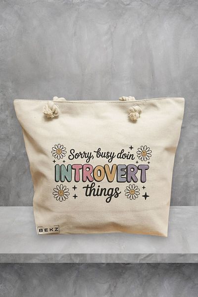 BEKZ Geanta de plaja, model Sorry busy doin Introvert things, 40x51 cm, Crem, BEKZ®
