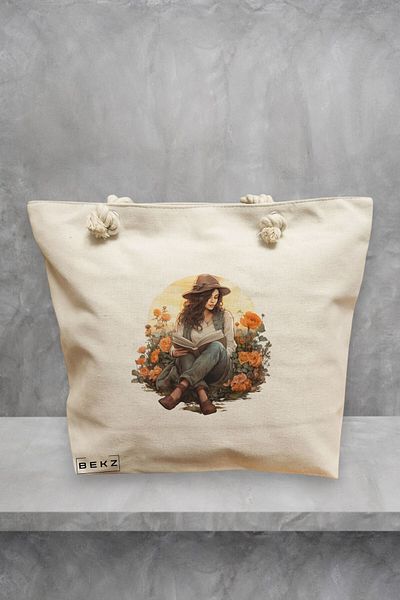 BEKZ Geanta de plaja, model The bookie girl 17, 40x51 cm, Crem, BEKZ®