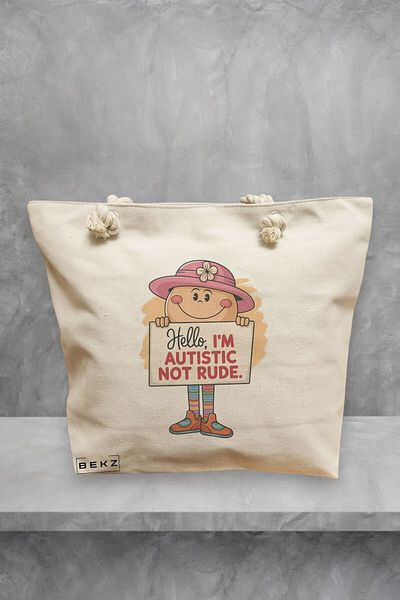 BEKZ Geanta de plaja, model Hello I’m autistic not rude, 40x51 cm, Crem, BEKZ®
