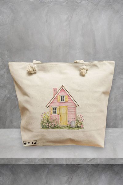 BEKZ Geanta de plaja, model The pink house, 40x51 cm, Crem, BEKZ®