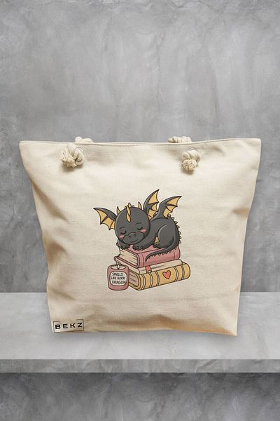 BEKZ Geanta de plaja, model Smells like book dragon, 40x51 cm, Crem, BEKZ®