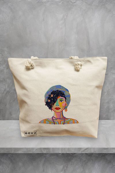 BEKZ Geanta de plaja, model Portret Vibrant 5, 40x51 cm, Crem, BEKZ®