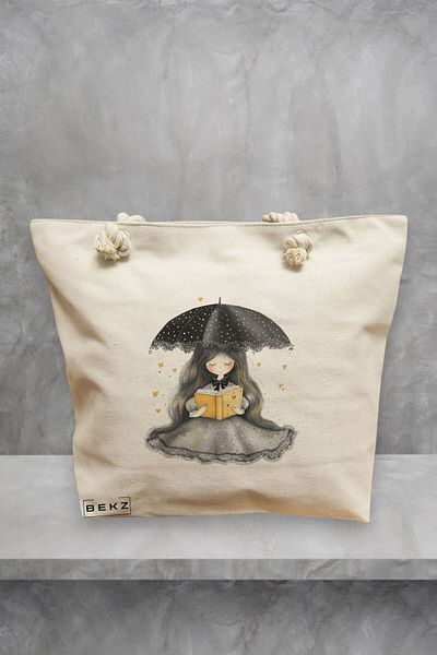 BEKZ Geanta de plaja, model The bookie girl 3, 40x51 cm, Crem, BEKZ®