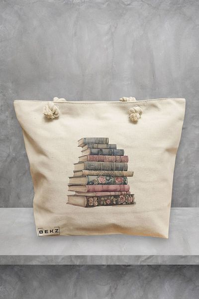 BEKZ Geanta de plaja, model Books 2, 40x51 cm, Crem, BEKZ®