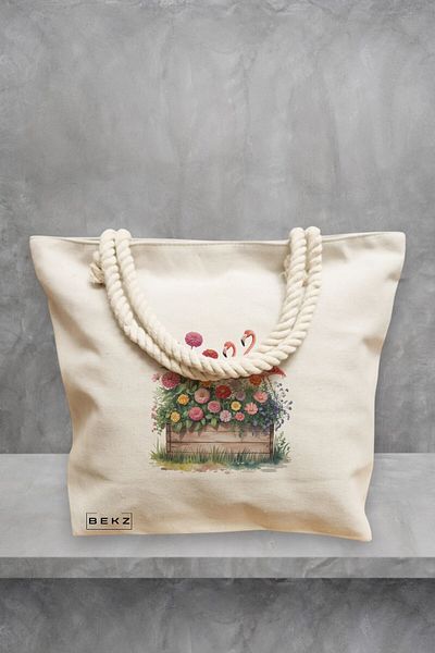 BEKZ Geanta de plaja, model Flamingo 6, 40x51 cm, Crem, BEKZ®