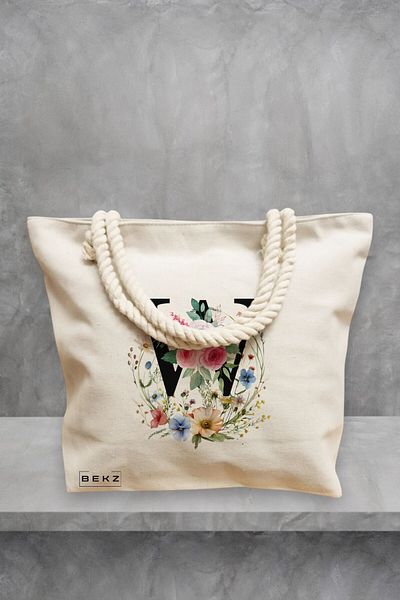 BEKZ Geanta de plaja, Cu litera W in Coronita Florala, 40x51 cm, Crem, BEKZ®