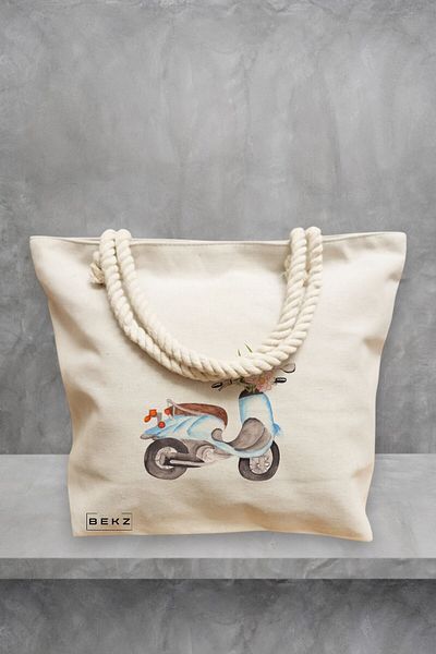 BEKZ Geanta de plaja, model Floral Bike, 40x51 cm, Crem, BEKZ®