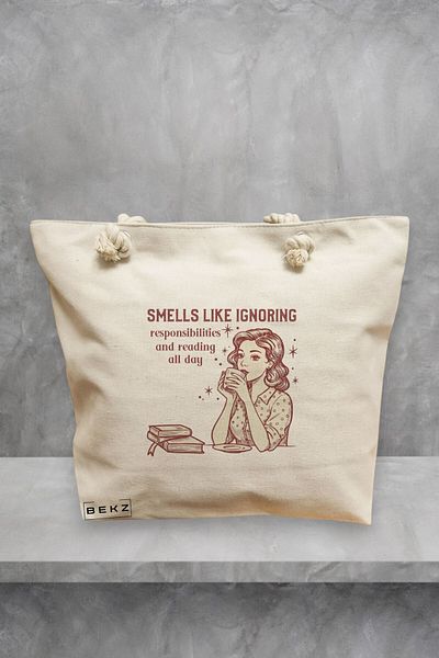 BEKZ Geanta de plaja, model Smells like ignoring responsibilities, 40x51 cm, Crem, BEKZ®