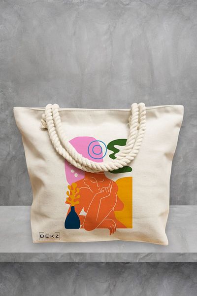 BEKZ Geanta de plaja, model Contemplatie Abstracta, 40x51 cm, Crem, BEKZ®