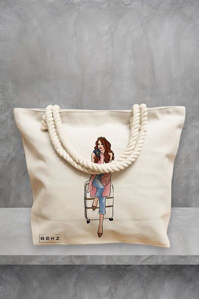 BEKZ Geanta de plaja Travel Girl, 40x51 cm, Crem, BEKZ®