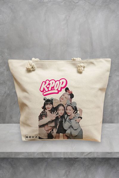 BEKZ Geanta de plaja, model Blackpink k-pop, 40x51 cm, Crem, BEKZ®