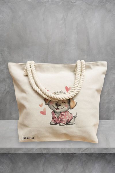 BEKZ Geanta de plaja, model Happy Puppy in love, 40x51 cm, Crem, BEKZ®