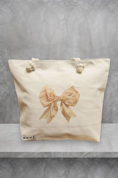 BEKZ Geanta de plaja, model Goldie bow, 40x51 cm, Crem, BEKZ®