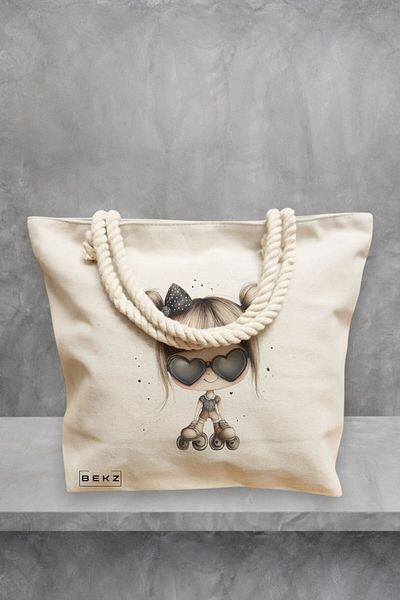BEKZ Geanta de plaja, model The rolling girl, 40x51 cm, Crem, BEKZ®
