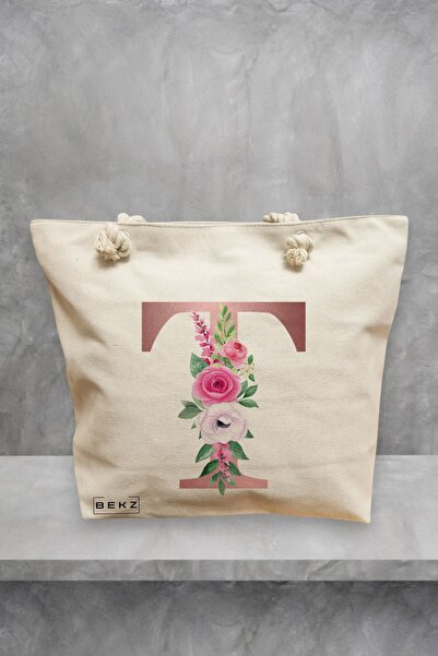 BEKZ Τσάντα Θαλάσσης, με ροζ χρυσό γράμμα Τ και τριαντάφυλλα, 40x51 εκ., Κρεμ...