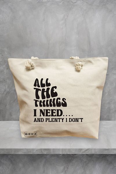 BEKZ Geanta de plaja, model All the things I need and plenty I don’t, 40x51 cm, Crem, BEKZ®