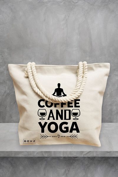 BEKZ Geanta de plaja Yoga Coffee and Yoga, 40x51 cm, Crem, BEKZ®
