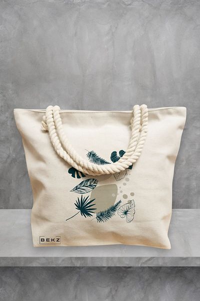 BEKZ Geanta de plaja, model Design Botanic, 40x51 cm, Crem, BEKZ®