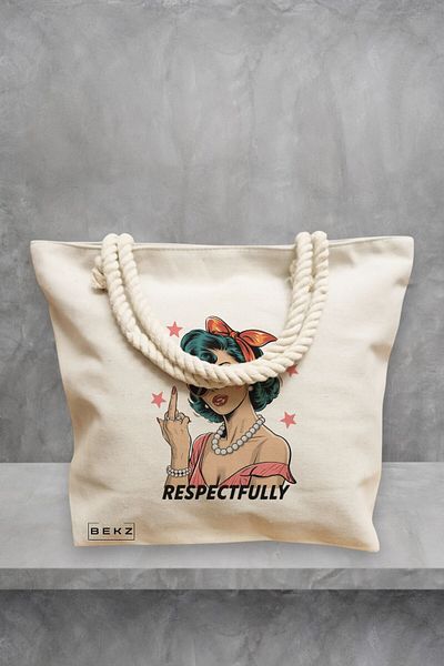 BEKZ Geanta de plaja, model Respectfully, 40x51 cm, Crem, BEKZ®