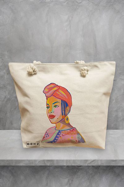 BEKZ Geanta de plaja, model Portret Vibrant, 40x51 cm, Crem, BEKZ®