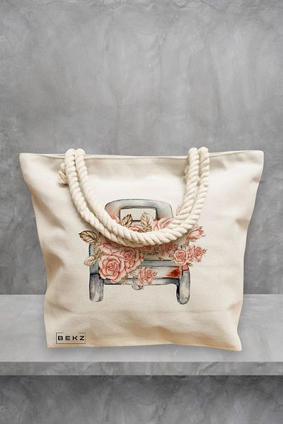 BEKZ Geanta de plaja, model Pink Car, 40x51 cm, Crem, BEKZ®