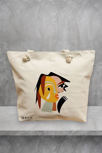 BEKZ Geanta de plaja, model Abstract face 2, 40x51 cm, Crem, BEKZ®
