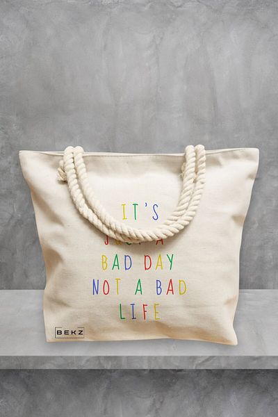 BEKZ Geantă de plajă, modelul It's just a bad day not a bad life, 40x51 cm, crem, BEKZ®