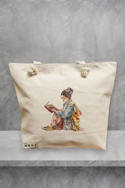 BEKZ Geanta de plaja, model The bookie girl 33, 40x51 cm, Crem, BEKZ®