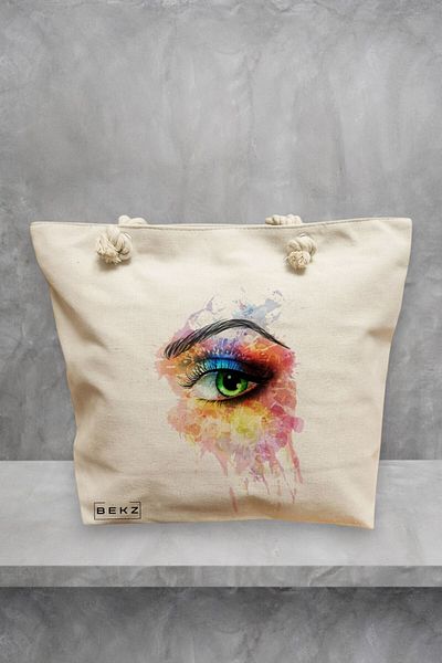 BEKZ Geanta de plaja, model Eye Art Pattern, 40x51 cm, Crem, BEKZ®