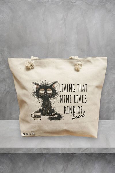 BEKZ Geanta de plaja, model Living that nine lives Kind of tired, 40x51 cm, Crem, BEKZ®
