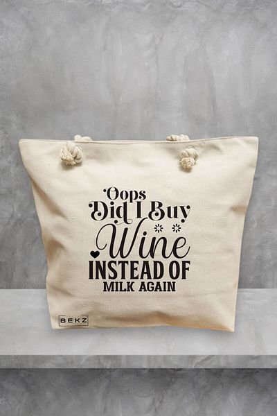 BEKZ Geanta de plaja, model Opps Did I buy wine instead of milk again?, 40x51 cm, Crem, BEKZ®