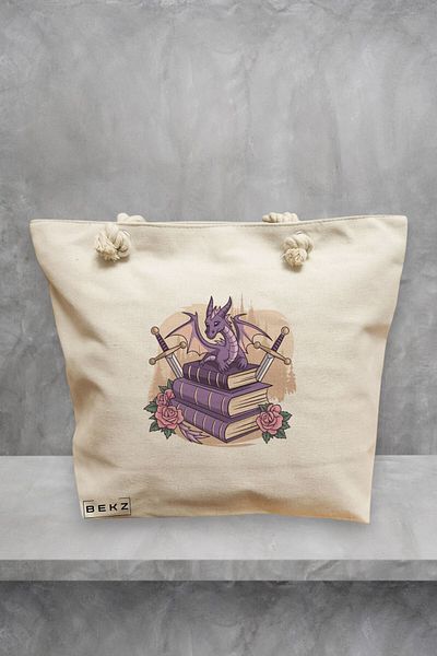 BEKZ Geanta de plaja, model Dragon Books, 40x51 cm, Crem, BEKZ®