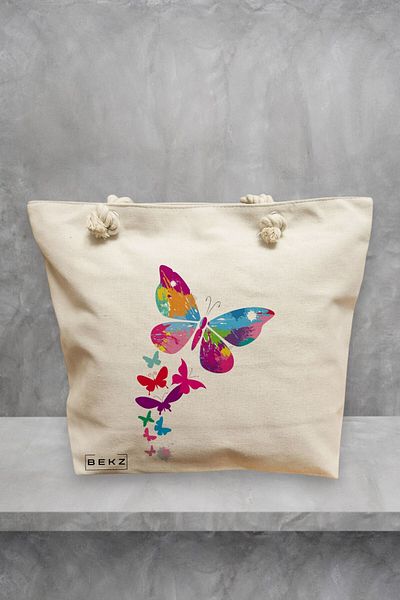 BEKZ Geanta de plaja, model Watercolor Butterfly, 40x51 cm, Crem, BEKZ®
