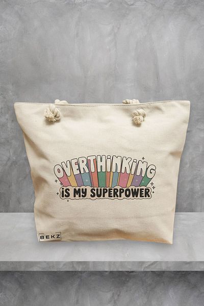 BEKZ Geanta de plaja, model Overthinking is my superpower, 40x51 cm, Crem, BEKZ®
