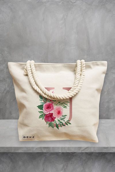 BEKZ Geanta de plaja, Cu litera U Rose Gold si Trandafiri, 40x51 cm, Crem, BEKZ®