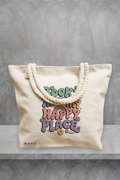BEKZ Geanta de plaja, model Books are my happy place, 40x51 cm, Crem, BEKZ®