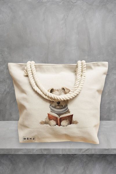 BEKZ Geanta de plaja, model Reading puppy 4, 40x51 cm, Crem, BEKZ®