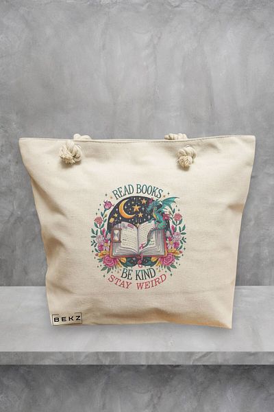 BEKZ Geanta de plaja, model Read Books Be Kind Stay Weird, 40x51 cm, Crem, BEKZ®